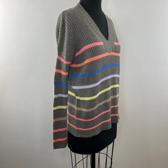 LISA TODD Gray S Sweater Linen Rainbow Striped Rib V-Neck Long Sleeve Pullover - Picture 2 of 8